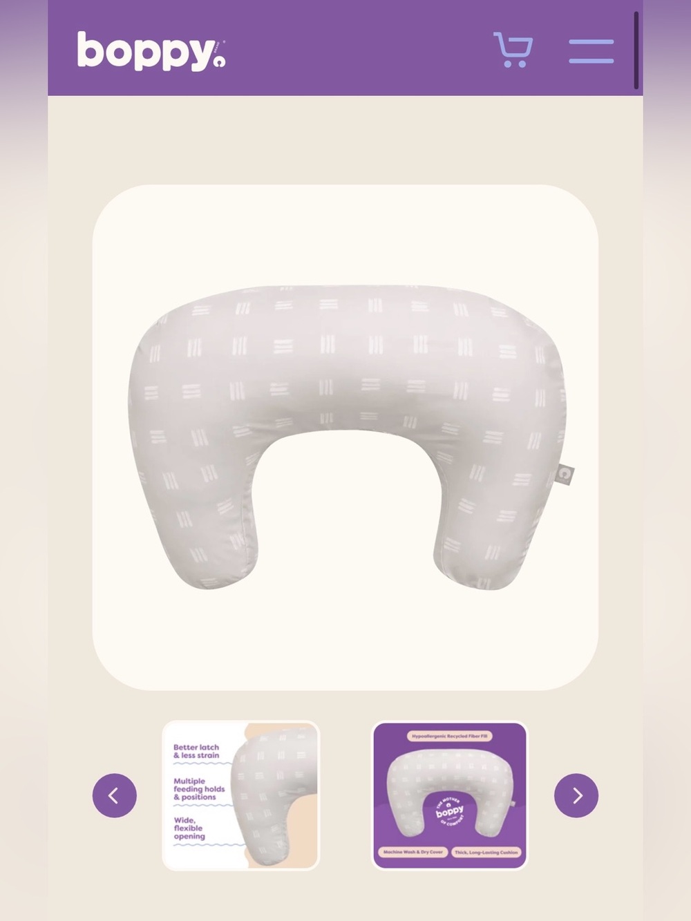 Boppy Nursing Pillow in Light Gray with White Dash Print (Removable Cover)